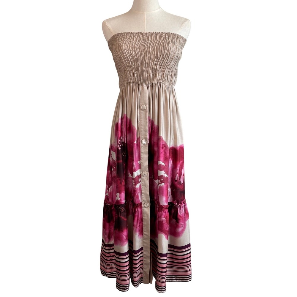 Twinset Milano Strapless Smocked Satin Midi Dress Womens Small Floral Watercolor